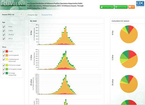 Age group distribution of influenza positive tests reported by public health laboratories screenshot