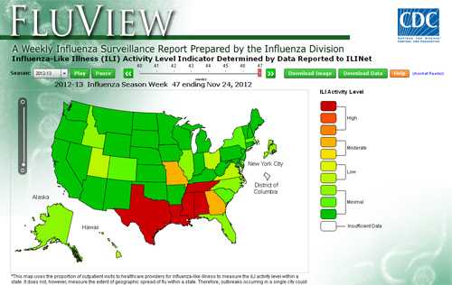 Influenza-like Illness, ILI, activity indicator map application screenshot.