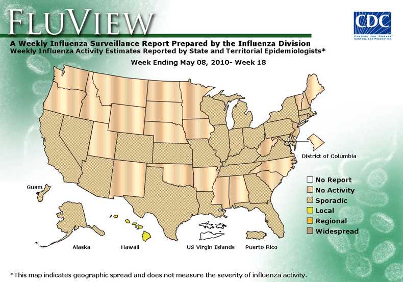 FluView, Week Ending May 8, 2010. Weekly Influenza Surveillance Report Prepared by the Influenza Division. Weekly Influenza Activity Estimate Reported by State and Territorial Epidemiologists. Select this link for more detailed data.