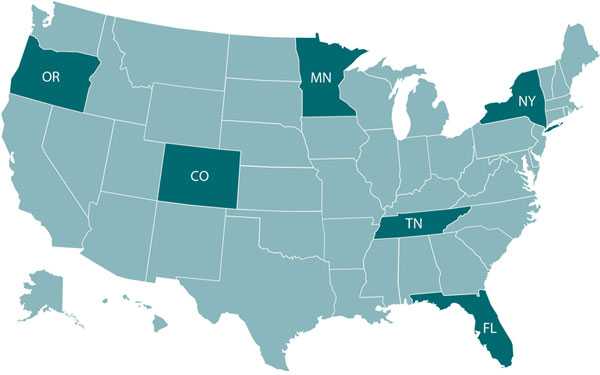 Image of US map of centers listed below