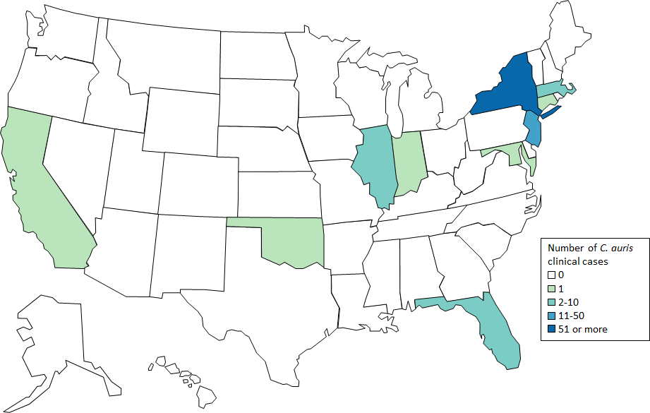 Clinical cases of C. auris reported in the United States as of August 31, 2017. States counts are listed in the below table.