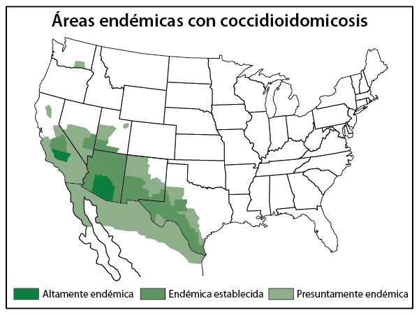 En%26#37;20este mapa se toman como base estudios realizados a fines de las décadas de 1940 y 1950, y también la ubicación de brotes y casos más recientes. El Coccidioides también puede existir en áreas similares con clima caluroso y seco que no están sombreadas en el mapa.