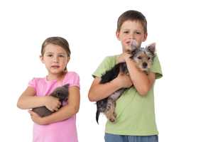 A little girl with cat and a little boy with dog.