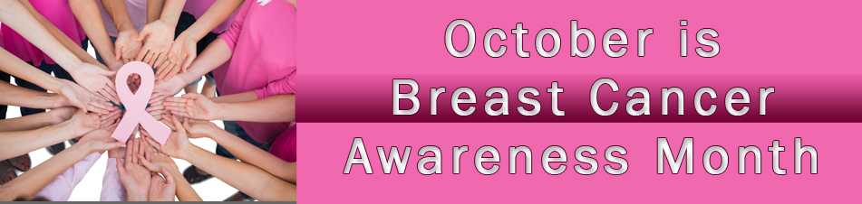 October is Breast Cancer Awareness Month with an image of hands holding a pink ribbon