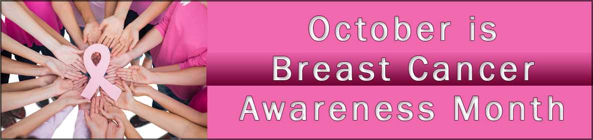 October is Breast Cancer Awareness Month with an image of hands holding a pink ribbon