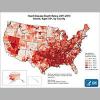 The map shows that concentrations of counties with the highest heart disease death rates - meaning the top quintile - are located primarily in Mississippi, Oklahoma, Louisiana, Arkansas, and Alabama.  Pockets of high-rate counties were also found in Georgia, Kentucky, Tennessee, Missouri, and Nevada.