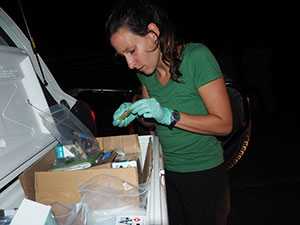 Ashley Greiner (Global RRT Tier 1 Epidemiologist) working long hours in Haiti after Hurricane Matthew (Photo Courtesy of Coralie Giese, Global RRT)