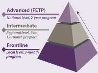 FETP offers three levels of experience-based training – frontline, intermediate, and advanced – depending on the needs of a country's public health system. Potential progression of of training/career path increases from Frontline to Intermediate to Advanced.