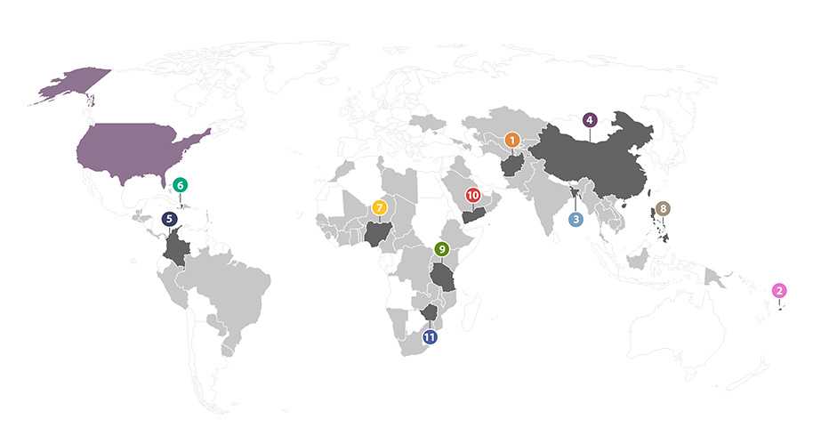 Map showing 11 locations where Field Epidemiology Training Program (FETP) disease detectives have helped. 1) Afghanistan; 2) American Samoa; 3) Bangladesh; 4) China; 5) Colombia; 6) Haiti; 7) Nigeria; 8) Philippines; 9) Tanzania; 10) Yemen; 11) Zimbabwe 