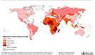 map showing mean systolic blood pressure (mm Hg), ages 18+, 2014 (aged standardized estimate) Female. Shows how people in sub-Saharan Africa are disproportionately affected by high blood pressure, a leading risk factor for stroke