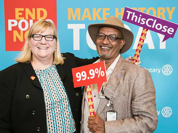 Dr. Rebecca Martin, Director of CDC’s Center for Global Health, with Elias Durry, AFRO Team Lead for CDC’s Global Immunization Division at the 2016 World Polio Day event in Atlanta. The event, hosted by Rotary International and CDC, raised awareness for the eradication of polio.