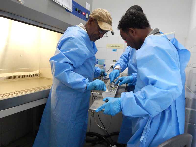 	Engineers fix a light in the biosafety cabinet.