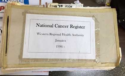 	Early version of one of the cancer registries in Jamaica. Photo by Elizabeth Van Dyne. 