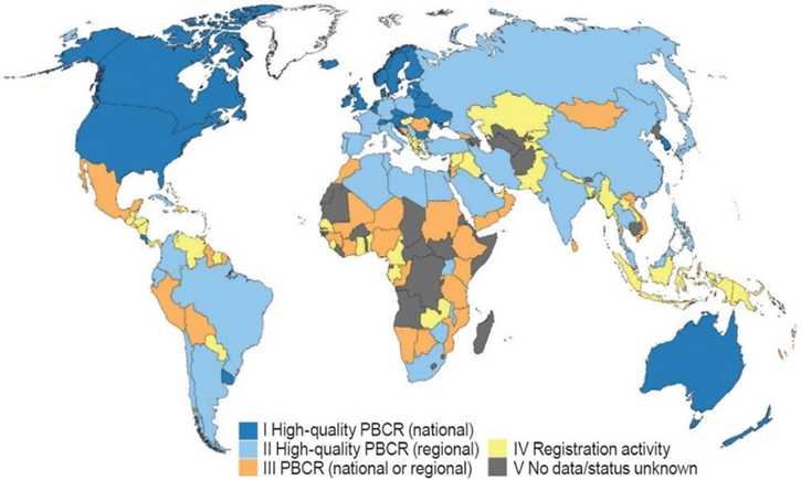 	Global status of population-based cancer registration as of mid-2013. PBCR stands for Population-Based Cancer Registries. High-quality PBCR implies publication in Cancer Incidence in Five Continents. Source: Courtesy of Freddie Bray, IARC