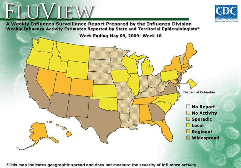 FluView, Week Ending May 09, 2009. Weekly Influenza Surveillance Report Prepared by the Influenza Division. Weekly Influenza Activity Estimate Reported by State and Territorial Epidemiologists. Select this link for more detailed data.