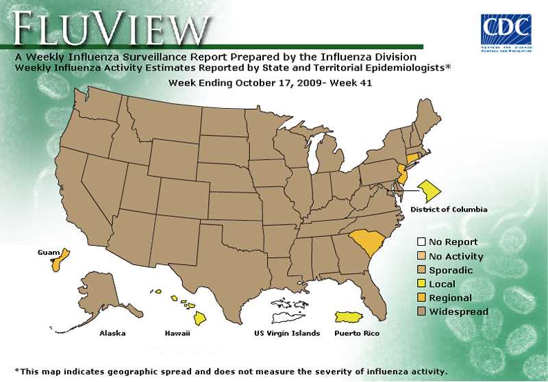 FluView, Week Ending October 17, 2009. Weekly Influenza Surveillance Report Prepared by the Influenza Division. Weekly Influenza Activity Estimate Reported by State and Territorial Epidemiologists. Select this link for more detailed data.