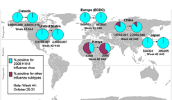 This picture depicts a map of the world that shows the co-circulation of 2009 H1N1 flu and seasonal influenza viruses. The United States, Canada, Europe, Kenya, Japan and China are depicted. There is a pie chart for each that shows the percentage of laboratory confirmed influenza cases that have tested positive for either 2009 H1N1 flu or other influenza subtypes. The majority of laboratory confirmed influenza cases reported in the United States, Canada, Europe, Japan and China have been 2009 H1N1 flu.