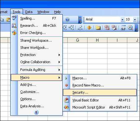 A picture detailing what happens when one opens up an Excel Macro program.  Details that a user should open the Tools Menu, then select the Macro command followed by the Security Sub-Command.