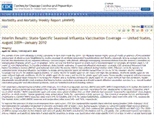 Screenshot of MMWR web page for the report entitled 'Interim Results: State-Specific Seasonal Influenza Vaccination Coverage --- United States, August 2009 – January 2010'