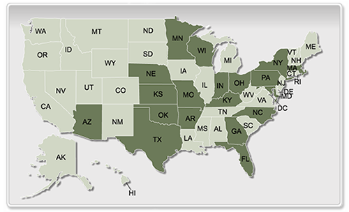 US Map thumbnail with the following states shaded: AR, AZ, Fl, FL, GA, Ga, IN, KS, KY, MA, MN, MO, NC, NE, NY, OH, OK, PA, TX 