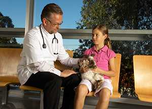 A girl brings her rabbit to a veterinarian for a routine health exam