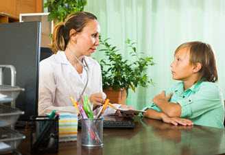 School nurse talks with student