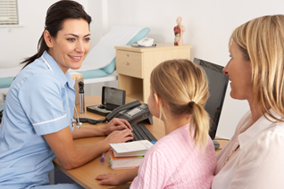 A daughter with her Mom meeting with school nurse