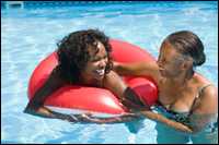 Two women swimming.