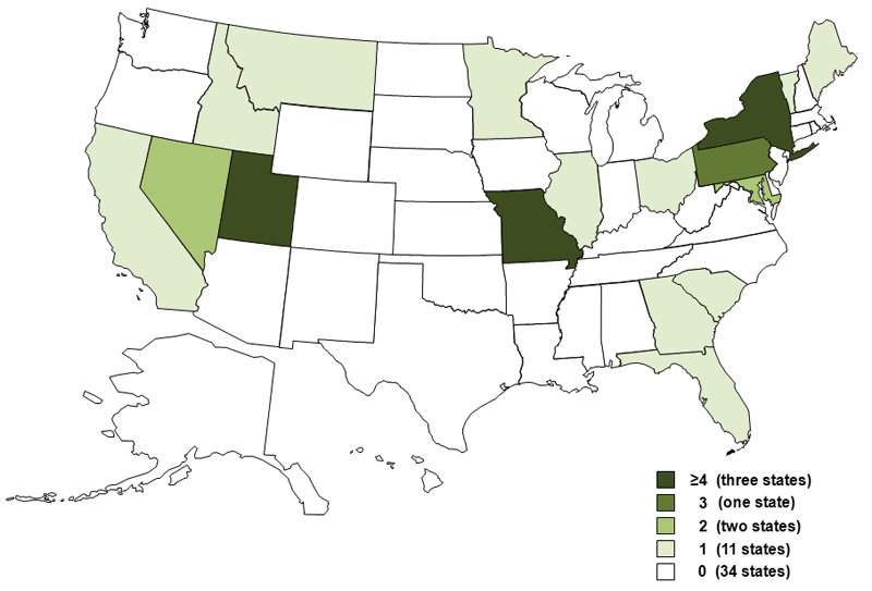 	State map showing number of waterborne-disease outbreaks associated with drinking water from 2009-2010