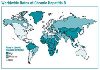 World map with countries shaded by rates of Chronic Hepatitis B Infection as measured with HBsAg. Areas with high rates of 8% or greater include most of Asia, sub-Saharan Africa, the Amazon River Basin in South America, and Greenland. Areas with a moderate rates of 2-7% are northern Canada and all of Alaska, much of southern Brazil, north-most African countries, and northern Asia. All remaining areas have a rates below 2%.