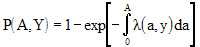 equation: The disease prevalence at age A during survey year Y is 1 minus the exponential function of the cumulative force of infection. The cumulative force of infection function (A,Y), is calculated as the definite integral of the force of infection, having a lower limit of 0 and an upper limit Age = A.