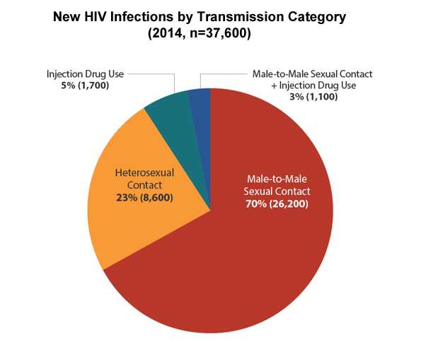 Pie chart shows the number of new HIV infections by transmission category in the United States in 2014 by transmission category. New infections=37,600. Injection drug use = 5% (1,700). Male-to-male sexual contact and injection drug use= 3% (1,100). Heterosexual contact=23% (8,600). Male-to-male sexual contact=70% (26,200).