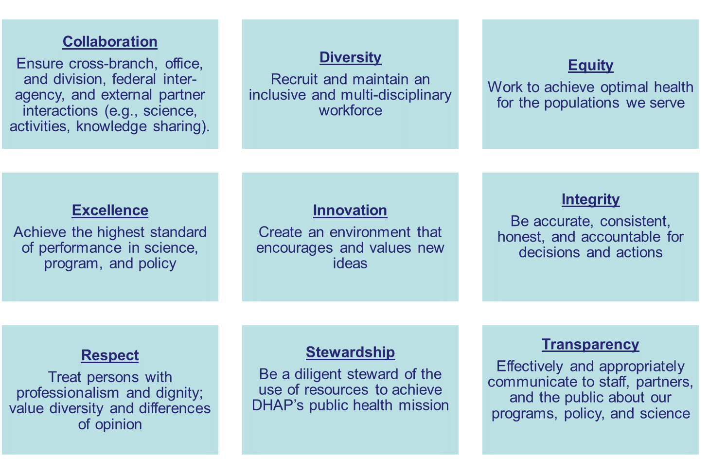 Core Values - Collaboration: Ensure cross-branch, office, and division, federal inter-agency, and external partner interactions (e.g., science, activities, knowledge sharing). Diversity: Recruit and maintain an inclusive and multi-disciplinary workforce. Equity: Work to achieve optimal health for the populations we serve. Excellence: Achieve the highest standard of performance in science, program, and policy. Innovation: Create an environment that encourages and values new ideas. Integrity: Be accurate, consistent, honest, and accountable for decisions and actions. Respect: Treat persons with professionalism and dignity; value diversity and differences of opinion. Stewardship: Be a diligent steward of the use of resources to achieve DHAP’s public health mission. Transparency: Effectively and appropriately communicate to staff, partners, and the public about our programs, policy, and science