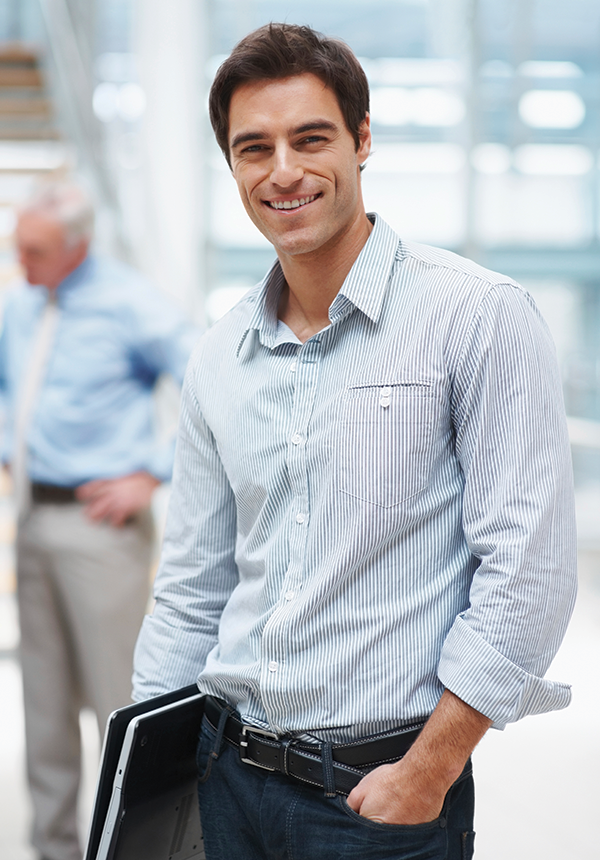 photo of a man in the lobby of an office building