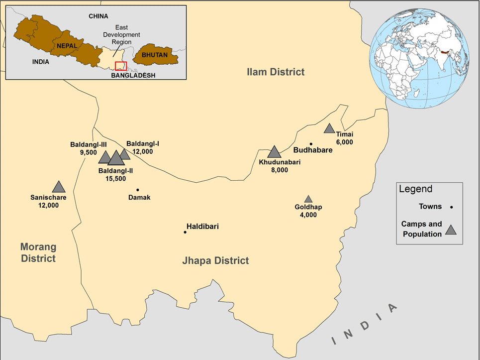 Bhutanese Refugee Camp populations in Eastern Nepal: Sanischare 12,000, Baldangi III 9,500, Beldangi II 15,500, Beldangi I 12,000, Khudunabari 8,000, Goldhap 4,000, Timai 6,000