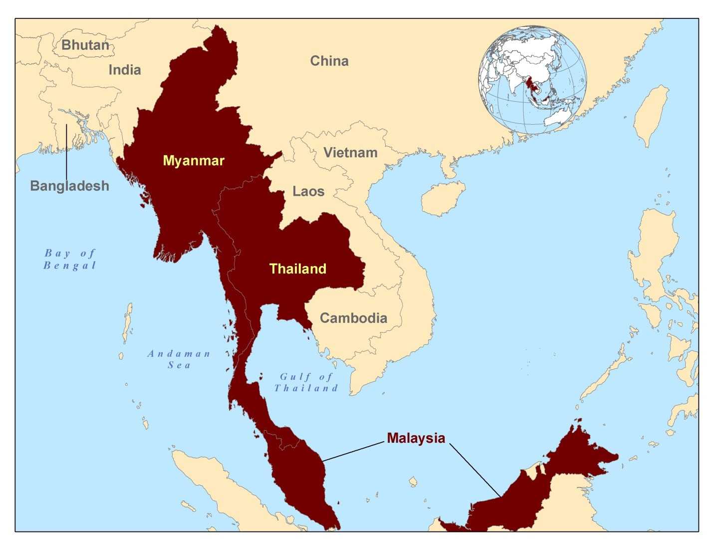 	This shows a map of Southeast Asia with Myanmar and Thailand highlighted