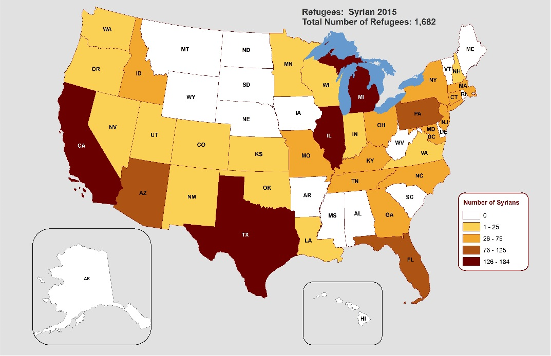 This map of the United States shows in which states Iraqi refugees have been resettled. The top 5 states are: Texas, California, Michigan, Illinois and Arizona. 