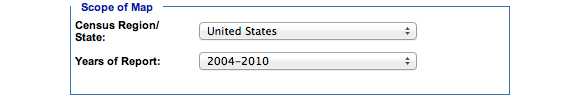 This is an image of the Scope of Map section. In this section, you must choose a subcategory of one of the following categories: Census Region/State, Years of Report.