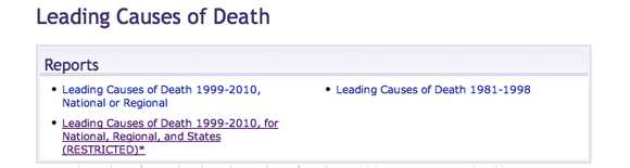 This image shows the types of reports for Leading Causes of Death. In this examples, the selected report it Leading Causes of Death 1999-2010, for National, Regional, and States (RESTRICTED).