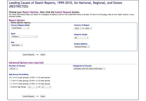 This image shows all of the sections in the report for Leading Causes of Death 1999-2010, National, Regional, and States (RESTRICTED). You are asked to define the following elements, which will be displayed on the finished map: Census Region/State, Race, Sex, Year(s) of Report, Hispanic Origin, and Advanced Options (not required).