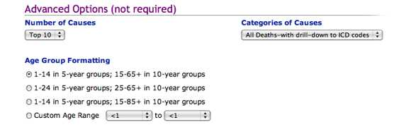 This image shows the Advanced Options (not required), including Number of Causes, Age Group Formatting, and Categories of Causes.