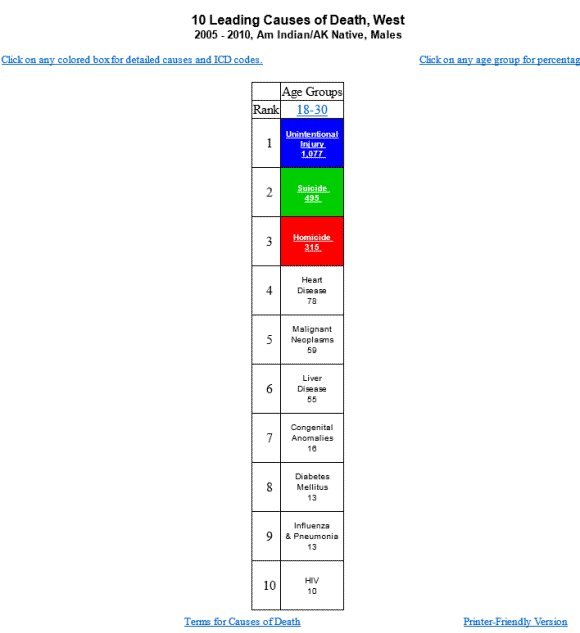 This image shows query results with the heading 10 Leading Causes of Death, West, 2005-2010, Am Indian/AK Natives, Males.