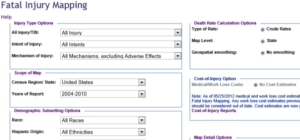 This image shows all of the Fatal Injury Mapping sections. You are asked to define the following elements, which will be displayed on the finished map: Injury Type Options, Scope of Map, Demographic Subsetting Options, Death Rate Calculation, Cost of Injury Option and Map Detail Option. 