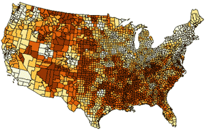 This map shows geospatially smoothed, age-adjusted motor vehicle traffic death rates by county (highest rates are shown in brown). Motor vehicle traffic death rates were generally higher in rural areas in the United States from 2000 to 2006. 