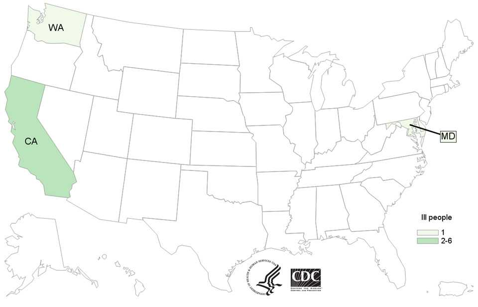 Map of persons infected with the outbreak strain of Listeria monocytogenes, by state of residence, as of May 3, 2016