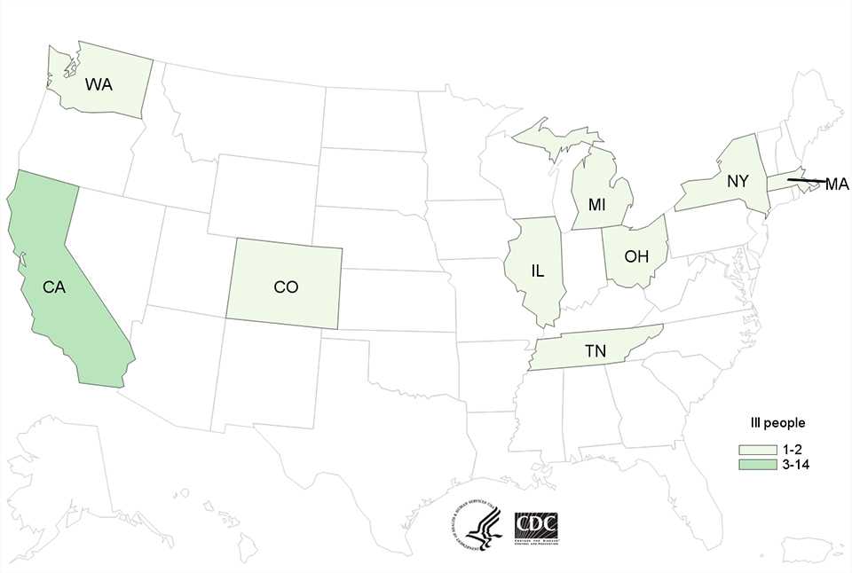 Map of persons infected with the outbreak strains of Listeria monocytogenes, by state of residence, as of September 17, 2015 (n=24) 