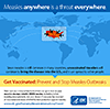 Measles importation infographic: Map of the world with arrows from Asia, Africa, and Europe pointing to the US. When measles happens anywhere in the world, it can travel to the US and spread. Make sure you and your family members are up to date on your measles-mumps-rubella (MMR) vaccine, including before traveling abroad. Ask your doctor if everyone has received all recommended doses of MMR for best protection against measles. Get vaccinated; prevent and stop measles outbreaks. https://www.cdc.gov/features/measlesinternationaltravel/