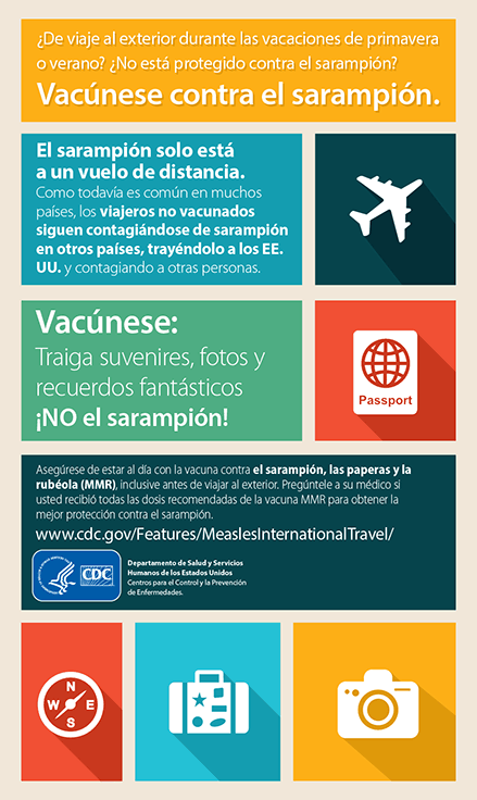 ¿De viaje al exterior durante las vacaciones de primavera o verano? ¿No está protegido contra el sarampión? Vacúnese contra el sarampión.