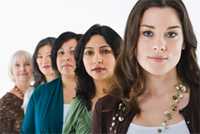 Five women lined up behind each other