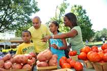 Family choosing vegetables at a vegetable stand